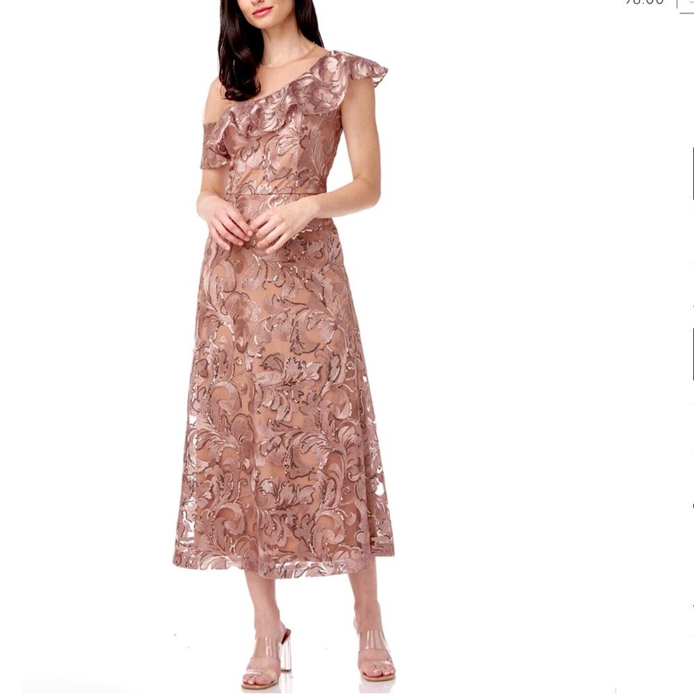 JS Collections Floral Embroidered Illusion Neckline
Tan Midi Dress Size 6